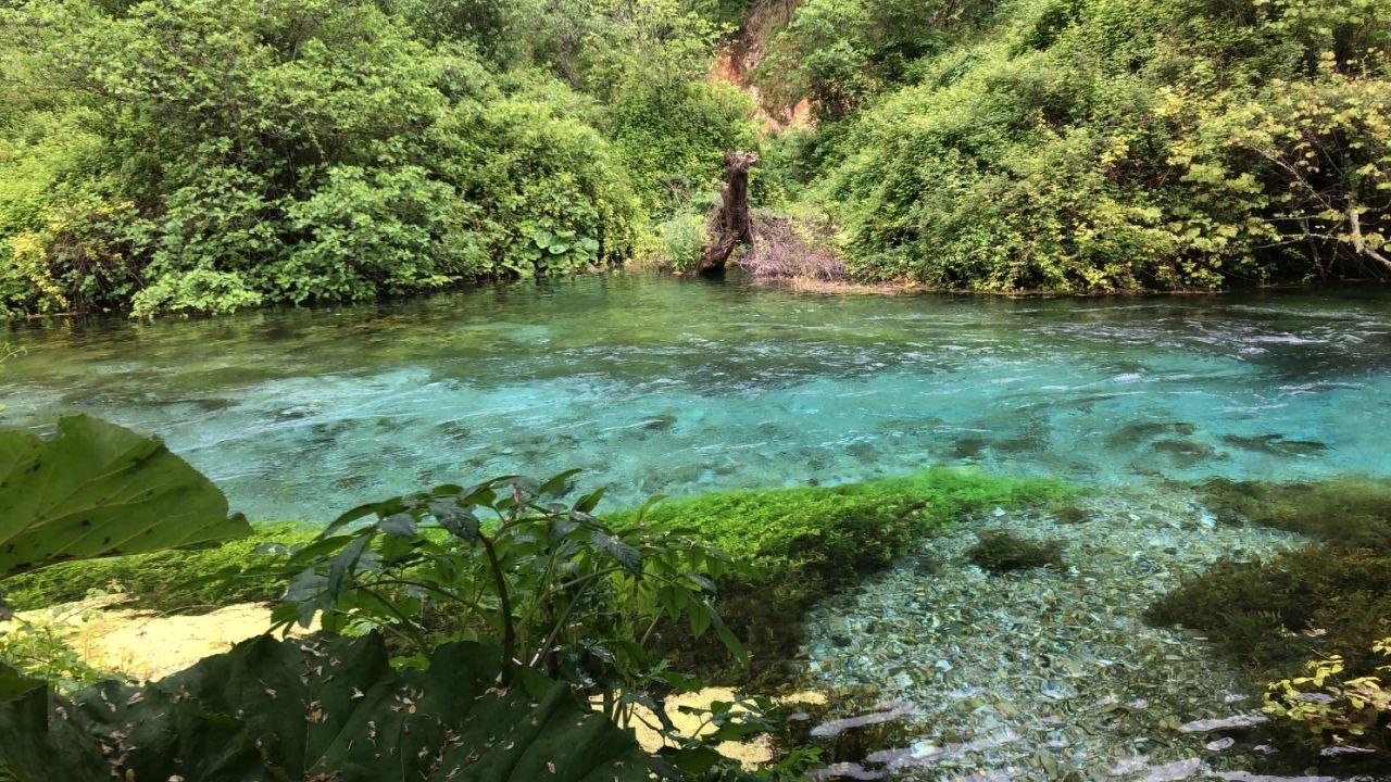 Source de l'Œil Bleu en Albanie près de Gjirokastër, eau turquoise entourée