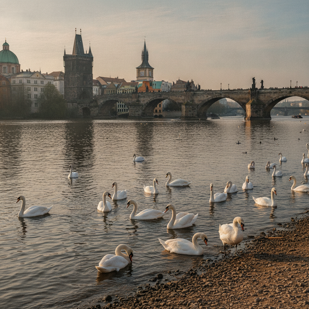 Vue sur le Pont Charles depuis la berge Park Cihelná à Malá Strana, avec des